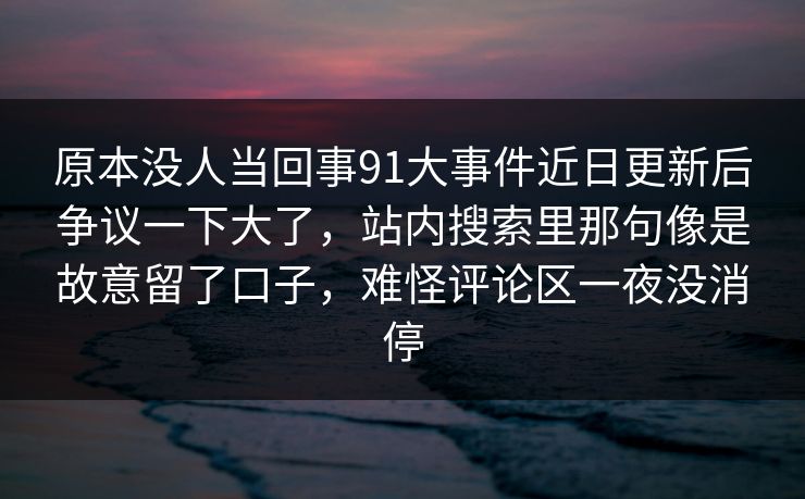 原本没人当回事91大事件近日更新后争议一下大了，站内搜索里那句像是故意留了口子，难怪评论区一夜没消停